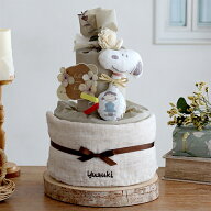 【出産祝い おむつケーキ】スヌーピー（snoopy）にぎにぎラトルおむつケーキ | ソフトトイ 名前刺繍 名入…