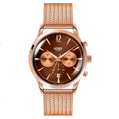 【ヘンリーロンドン】HENRYLONDON腕時計41mmクロノグラフメンズメッシュベルトブラウンxローズゴールドヘンリーロンドンHENRYLONDONハーローHARROWHL41-CM-0056