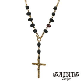 【SAINTS Design セインツ デザイン】 ブラック スカル ロザリオ ネックレス SSP8-101BK