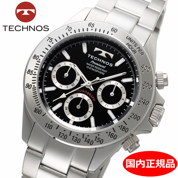 TECHNOS 腕時計 メンズ クロノグラフ ブラック文字盤 ステンレスベルト TP0403SB