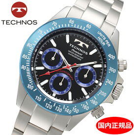 【テクノス】 TECHNOS 腕時計 メンズ クロノグラフ ブラック文字盤/ブルーベゼル ステンレスベルト TP0403SN