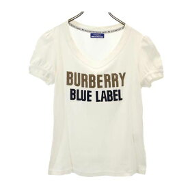 バーバリーブルーレーベル 日本製 三陽商会 Vネック ロゴ 半袖 Tシャツ 38 ホワイト系 BURBERRY BLUE LABEL パフスリーブ レディース 【中古】 【230519】 メール便可