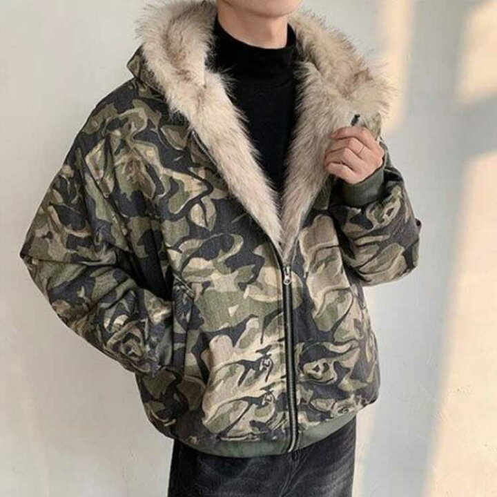 楽天市場】迷彩コート メンズ ストリート 暖かい フェイクファー 