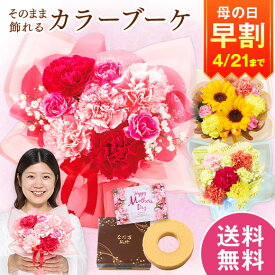 早割 母の日 プレゼント 花 2026 予約 ギフト 花束 スイーツ お菓子 そのまま飾れる カラーブーケ ピンク イエロー ミックス バウムクーヘン セット 母の日期間お届け 【送料無料】