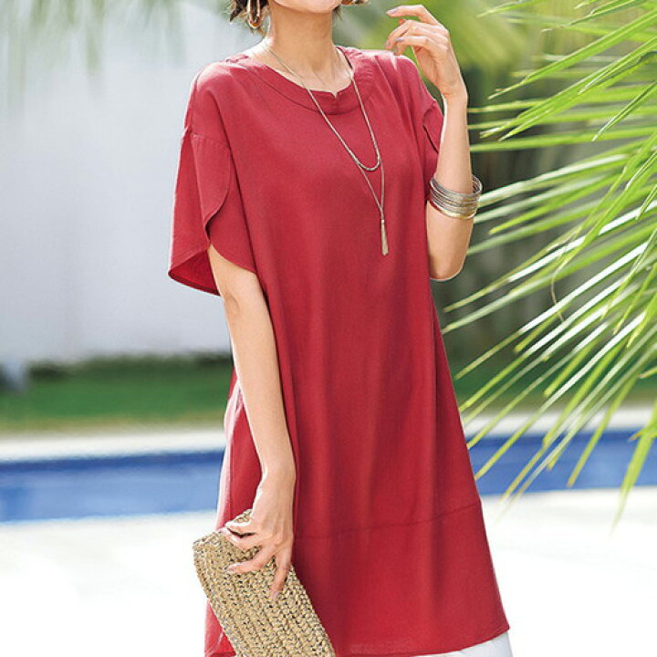 楽天市場 チュニック レーヨン麻キーネックチュニックワンピース ベルーナ Belluna 40代 50代 60代 レディース ミセス 大人 ファッション 夏 夏服 シャツ ブラウス 体型カバー 半袖 大人可愛い ゆったり 大きいサイズ ベルーナ