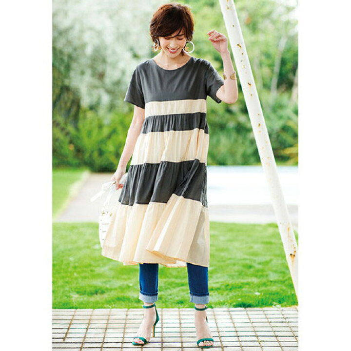 楽天市場 ワンピース M L Ll 3l ボーダー切替チュニックワンピ M 3l ベルーナ 30代 40代 50代 レディース ミセス 大人 ファッション 夏 夏服 Ranan ラナン 大人 半袖 ベルーナ