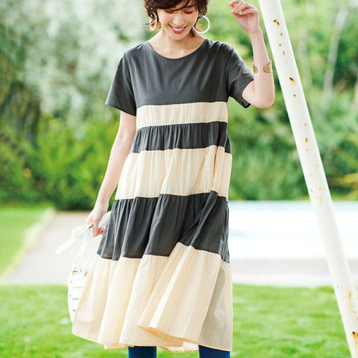 楽天市場 ワンピース M L Ll 3l ボーダー切替チュニックワンピ M 3l ベルーナ 30代 40代 50代 レディース ミセス 大人 ファッション 夏 夏服 Ranan ラナン 大人 半袖 ベルーナ