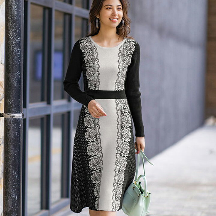 楽天市場 ワンピース M L Ll サイドレースデザインニットワンピース M Ll ベルーナ 30代 40代 50代 ミセス 大人 大人可愛い ファッション レディース ラナン Ranan 秋 秋服 大人 ベルーナ