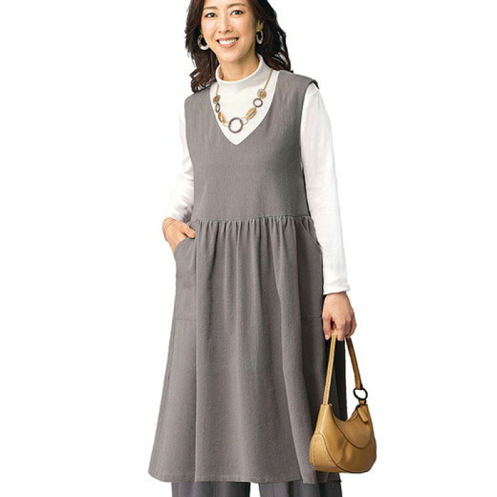 ファッション通販 ジャンパースカート M L Ll キーネックデザインジャンパードレス M Ll ベルーナ Belluna 40代 50代 60代 レディース ミセス 大人 ファッション 秋服 秋冬 プチプラ デニム パンツ サロペ デニムサロペットスカート 体型カバー Cmdb Md