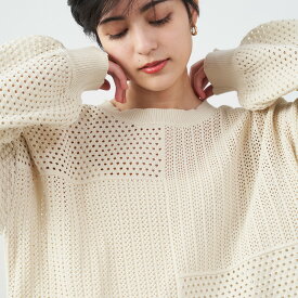 ニットプルオーバー メッシュ素材透かし編みニット(M～3L) レディースファッション ミセス 大人 ニット トップス 30代 40代 Ranan ラナン