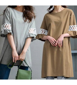 ＼まとめ買いクーポン配布中／ 袖レース切替チュニックワンピース(M ロング丈〜3L レギュラー丈) ラナン RANAN 夏 夏服