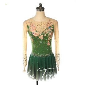 フィギュアスケート舞台衣装 グリーンFNHY-015-202503フィギュアスケート 衣装 レディース 子供 大人 女性 女子 アイススケート コスチューム ウェア ダンス 水色 花柄 刺繍 キラキラ アイス フィギュア スケート ステージ衣装 舞台衣装 ミニドレス 舞台ドレス