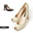 【アウトレット】COMEX パンプス ハイヒール オープントゥ チャンキーヒール エナメル アイボリー ブラック 5712