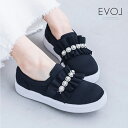 イーボル 軽量スニーカー スリッポン フラットシューズ フリル パール ビジュー 厚底 ブラック 5105