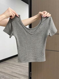 Tシャツ 女性用 春夏 かわいい 収腰 修身 露背 デザイン 百搭 甘辛 短袖 トップス Uネック ピンク系 カラー 軽量 吸湿速乾 綿素材 ビッグシルエット 普段使い 通勤用 アウトドア 伸縮性 接触冷感 再生繊維 切り替え デザイン ハイウエスト 風