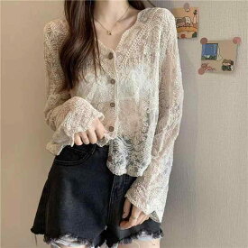 シャツ レディース 春夏 長袖 トップス ブラウス シフォン Vネック レース 花柄 透け感 薄手 シースルー きれいめ フェミニン エレガント 上品 オフィス 通勤 通学 デート カジュアル 普段使い 日常 着痩せ 細見え フェミニン お出かけ インフ