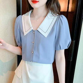 シャツ レディース 春夏 半袖 トップス ブラウス シフォン 切り替え 接触冷感 薄手 フレンチスリーブ スリット バイカラー 綺麗め フェミニン 普段使い オフィス カジュアル デート 通勤 通学 旅行 お出かけ 着痩せ 二の腕カバー 軽い 軽量 涼し