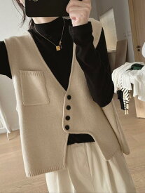ベスト レディース ニットベスト 春秋 トップス ジレ チョッキ 袖なし Vネック ゆったり 体型カバー 着痩せ 細見え 大きいサイズ プルオーバー 無地 カジュアル レイヤード 重ね着 シンプル おしゃれ インナー ノースリーブ 普段使い 通学 通勤
