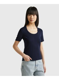 【SALE／10%OFF】(W)ロゴ刺繍入りUネック半袖Tシャツ・カットソー BENETTON (UNITED COLORS OF BENETTON.) ベネトン(ユナイテッド カラーズ オブ ベネトン) トップス カットソー・Tシャツ ネイビー ブラック ホワイト ブルー【RBA_E】【送料無料】[Rakuten Fashion]