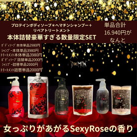 SexyRoseの香り シャンプートリートメント ボディソープ本体＋替6点set ヘマチン 送料無料 女性用 Sexy Rose バラ 薔薇 馬油 ラクトン いい香り 髪質改善 ボリューム 白髪 コシ ハリ 頭皮臭 ノンシリコン 薄毛 うねり 美容室専売 デーモンシャンプー