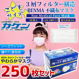 【送料無料】子供サイズ BENMAマスク 個包装250枚セット (50枚入り×5箱セット) おしゃれ 可愛い ホワイト 白 長持ち 使いやすい 三層不織布 耳が痛くならない 使い捨てマスク まとめ売り 花粉症対策 小顔サイズ 小さめマ