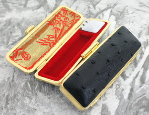 【クーポン発行中】 印鑑ケース はんこケース 黒色 本革 オーストリッチ ケース (S) 金フレーム 10.5mm 〜 12mm ダチョウ革 かっこいい 印鑑収納 朱肉付き ハンコケース 印鑑 ケース プレゼント