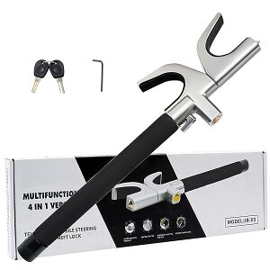 4-in-1 Steering Wheel Lock with Flashlight/SOS LED Ligth,Seat Belt Cutter,Escape Hammer,2 Keys Retractable Steering Lock,Vehi