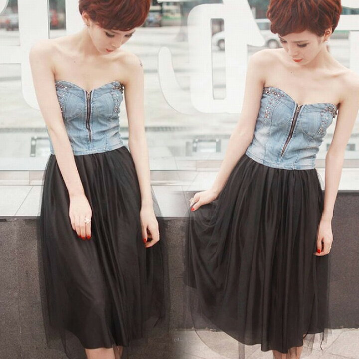 楽天市場 レディースカジュアルダメージ風デニムチューブトップハイウエスト膝丈切り替えデザインワンピース パーティーサンダルパンプスドレスアップでセクシーに レースアップ ノースリーブ ガーリー シンプル 春夏モデル 送料無料 べっぴんkobe