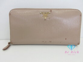 プラダ PRADA ラウンド ファスナー 長財布 1ML506 サフィアーノ レザー ピンク ベージュ ロゴ 二つ折り財布 ロング ウォレット 【中古】【送料無料】bs4028