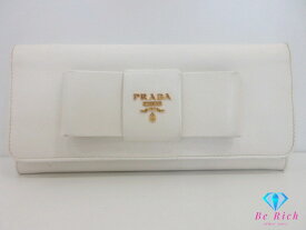 プラダ PRADA 二つ折り財布 長財布 サフィアーノ 1M1132 ビアンコ ホワイト 白 レザー ロゴ リボン ロング ウォレット 【中古】【送料無料】bs4148