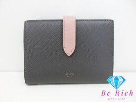 セリーヌ CELINE 二つ折り財布 10B643BRU ミディアム ストラップ ウォレット ダーク グレー ピンク レザー ロゴ コンパクト ウォレット 【中古】【送料無料】 bs3661
