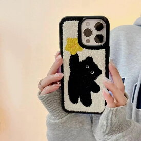 iPhoneケース韓国くま熊ボアもこもこかわいいおしゃれ星衝撃に強い柔らかい動物タオル生地ぷっくりふちだけ色ブラックフレームラバー大人可愛いキャラクターY2Kカバースマホケース冬111213141516promax