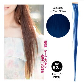 シールエクステ 人毛 ロング [ ブルー 青 ] ヘアエクステ カラーエクステ 長さ52cm 1枚 楽天 市場 通販 7/1更新♪