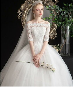 送料無料 韓国風ロングウェディングドレス 袖あり 白 刺繍レース フリルドレス お姫系 高級ウエディングドレス 披露宴 パーティードレス フォマールドレス 写真撮影専用ドレス 宮廷シンプ