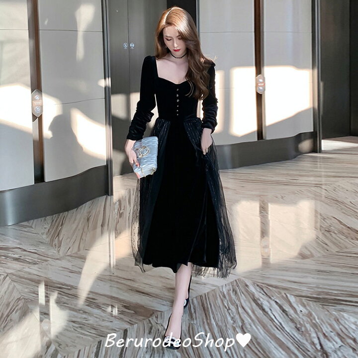 楽天市場】ワンピース ベロア ベルベット 黒 ブラック ロング  