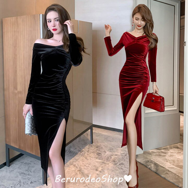 楽天市場 ワンピース ベロア ベルベット 黒 ワイン赤 タイトワンピース スリット セクシー ワンピース ロングワンピース ワインレッド ベロア ベルベット 結婚式 ワンピース ドレス Vネック 二次会 お呼ばれドレス エレガント 無地 長袖ワンピース 高級感 送料無料