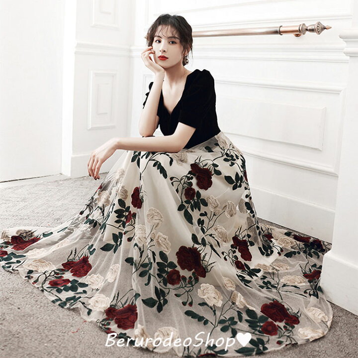 楽天市場 イブニングドレス 黒 ベロア ベルベット 刺繍 花柄 オシャレ キレイめ ドッキング チュール ロングドレス ワイン赤 パフスリーブ 発表会 ドレス パーティードレス Aライン ショート丈 ミモレ丈 ロング丈 半袖 7分袖 4タイプ 成人式ドレス 結婚式 二次会 お呼ばれ
