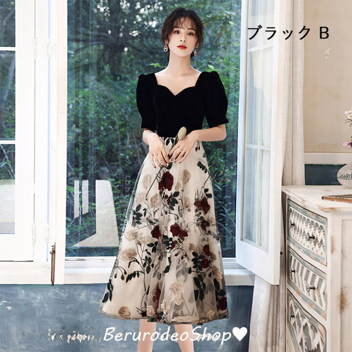 楽天市場】イブニングドレス 黒 ベロア ベルベット 刺繍 花柄 オシャレ 