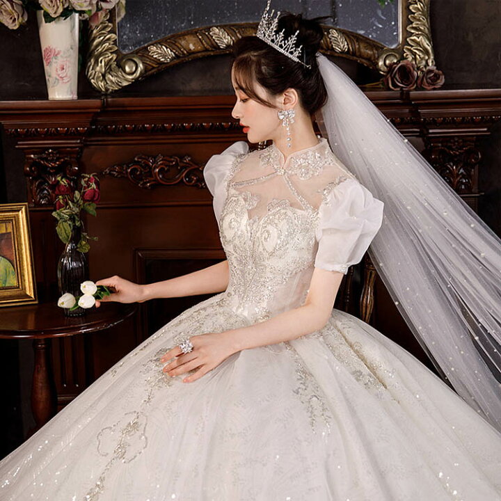 ウェディングドレス 立ち襟 パフスリーブ チャイナ風ドレス 結婚式ドレス
