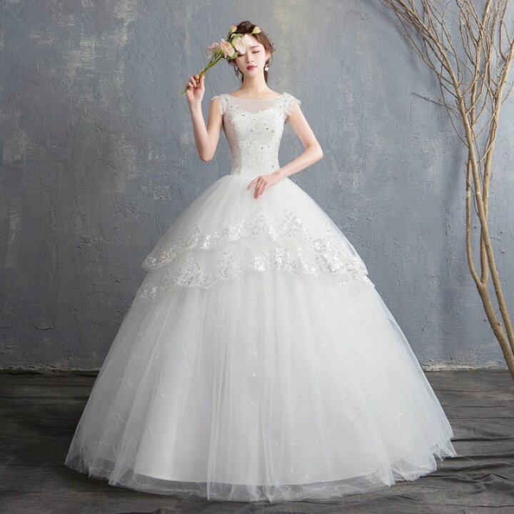 ウェディングドレス 白 ノースリーブ 編み上げ チュールドレス 美しい  