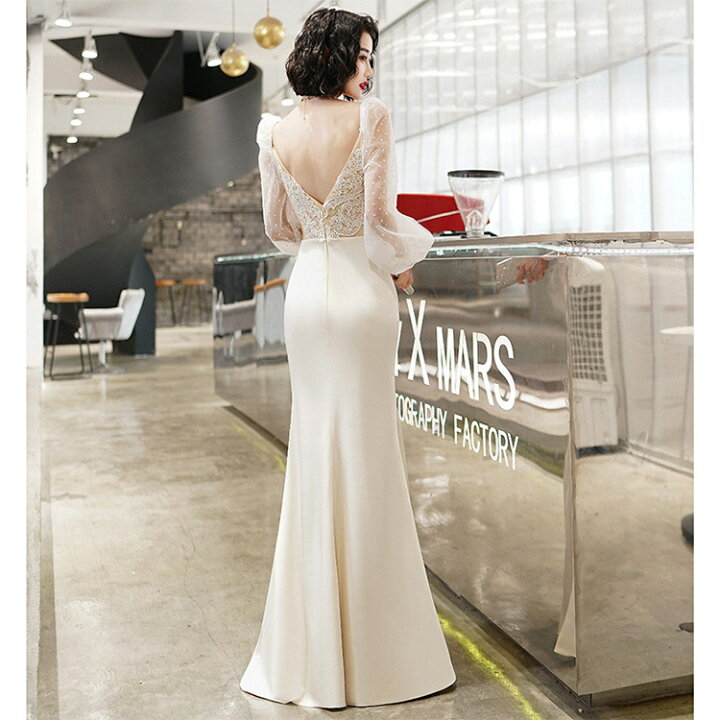 楽天市場】マーメイドドレス 白 Vネック 長袖 イブニングドレス  