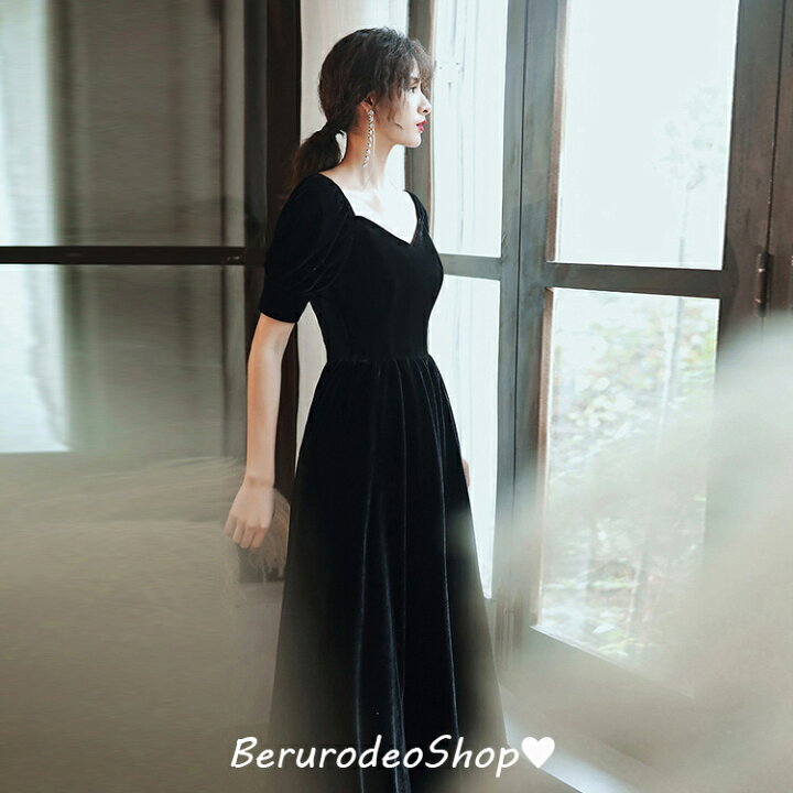楽天市場】イブニングドレス 黒 ベロア ベルベット ロングドレス 結婚  