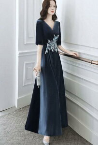 送料無料 ロングドレス 演奏会 ピアノ 発表会 ツヤ感 花レース 刺繍 ブルードレス Vネック 袖あり ポワン袖 フェミニン エレガント大きいサイズ 5L 大人 母親 結婚式 体型カバー 卒業式 花嫁 S