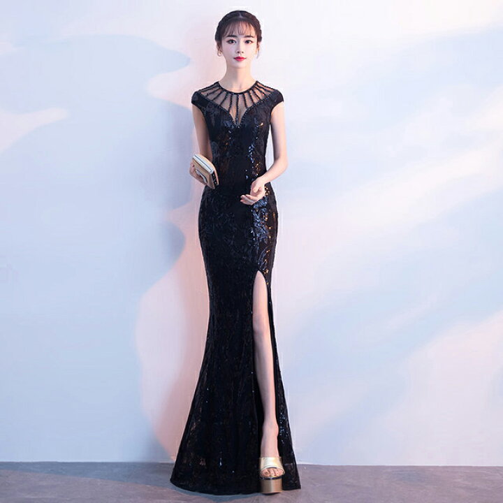 楽天市場】黒 マーメイドドレス スリット セクシー スパンコールドレス  