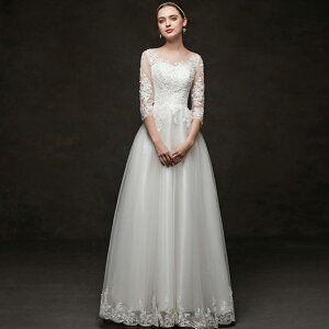 ウエディングドレス 袖あり 7分袖 ブライダルドレス Aライン ロング丈 花嫁ドレス シンプル ロングドレス 結婚式 ウエディングドレス レース チュール 二次会ドレス 海外挙式 披露宴 ドレス