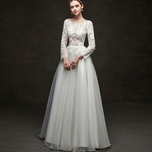 ウエディングドレス レース ブライダルドレス Aライン ロング丈 ウエディングドレス 長袖 丸首 背開き セクシー 結婚式ドレス ホワイト 花嫁ドレス チュール シンプル エレガント ロングド