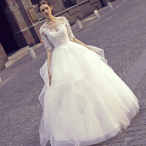 ウエディングドレス 袖あり 5分袖 ホワイト ウエディングドレス レース フリル プリンセスドレス 結婚式 シンプル 優雅エレガント 花嫁ドレス Aライン ロングドレス 二次会 お呼ばれ 編み上