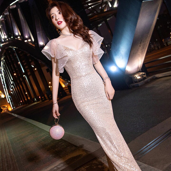 楽天市場】スパンコールドレス キラキラドレス シャンパン色  