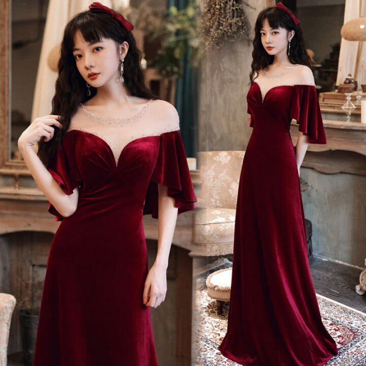 楽天市場】ゲストドレス ワイン赤 ベロア ベルベット ドレス 結婚式  
