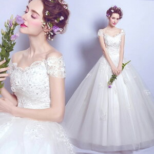 ウェディングドレス オフショルダー Vネック 袖あり ホワイトドレス レース フラワー ブライダルドレス Aライン ロングドレス 白 披露宴 結婚式ドレス 花嫁ドレス チュール シンプル 優雅 エ